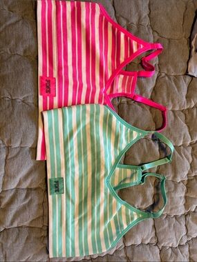 PINK Victoria's Secret Striped Seamless Bralette Set in Hot Pink & Mint